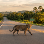 Onça atravessa rodovia pantaneira
