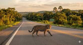 Onça atravessa rodovia pantaneira
